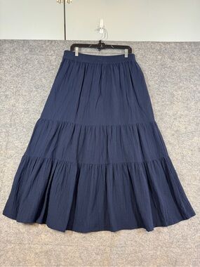 Chaps Tiered Maxi Skirt Navy Blue Cotton Large Boho Cottagecore Casual Chic